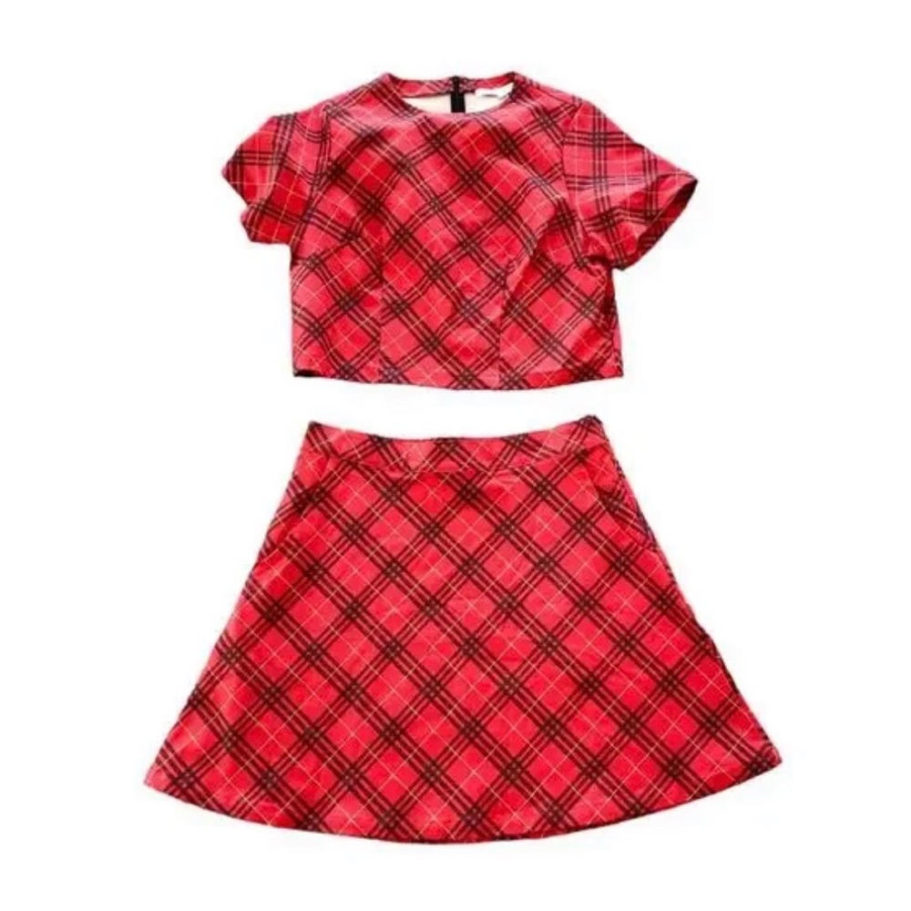 Tuesday Bassen Red and Black Plaid Mini Skirt Set 2 Piece Stretch Cotton
